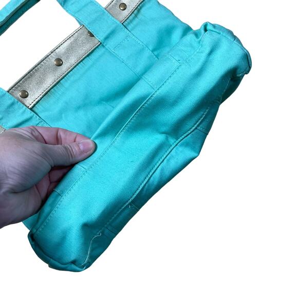 Betsey Johnson Teal Small Tote Bag - Gold Studded Trim - Leopard Print Interior - Picture 4 of 6